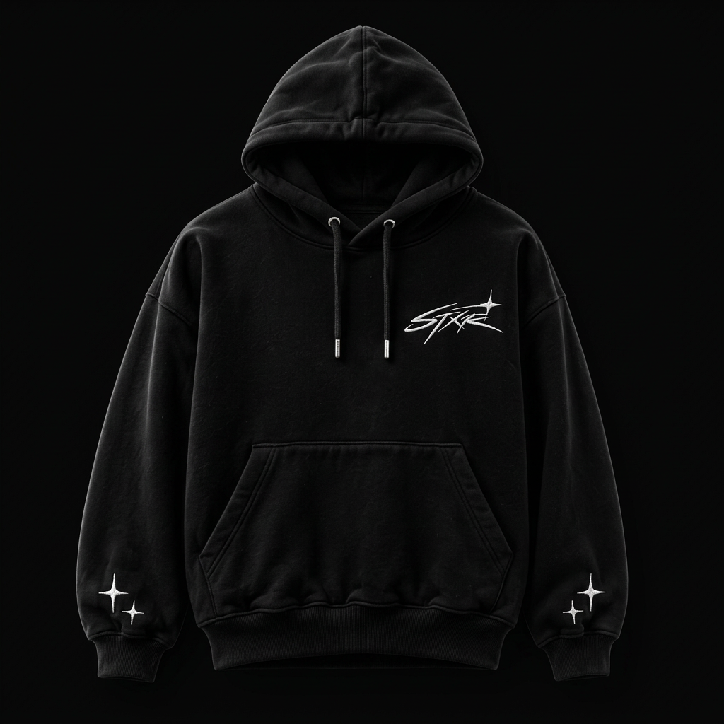 STXR oversized black hoodie with white embroidered chest logo and star details on the cuffs