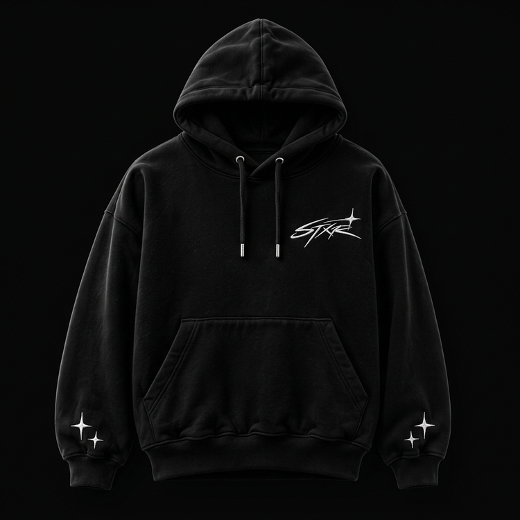 STXR oversized black hoodie with white embroidered chest logo and star details on the cuffs