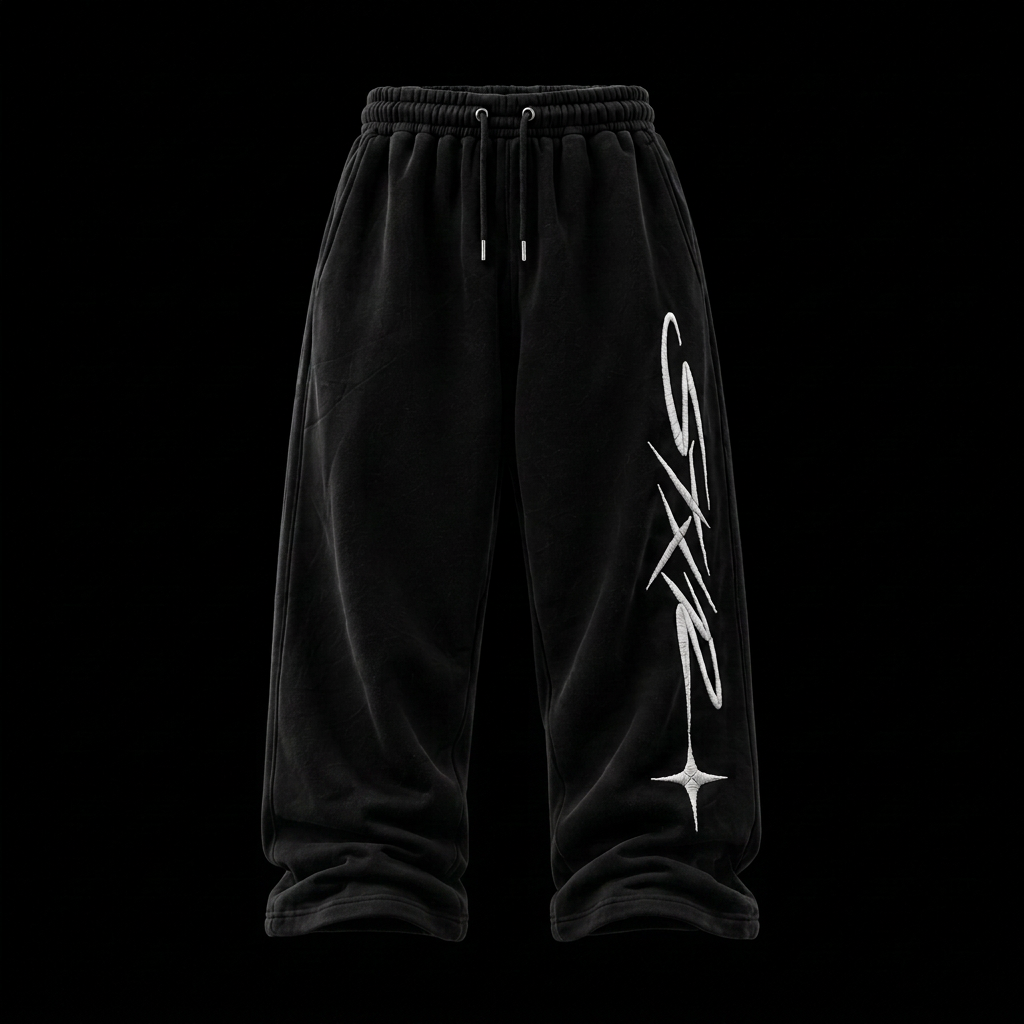STXR extra-baggy black sweatpants with white embroidered cursive script down the leg and open hems